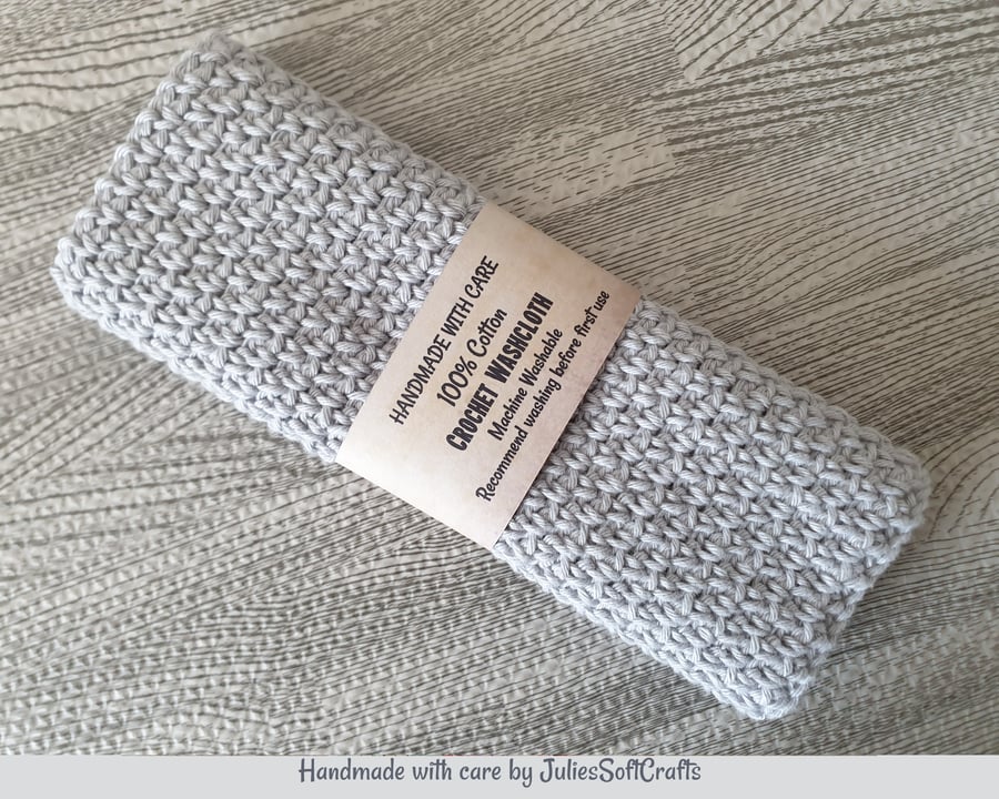Handmade Cool Grey Crocheted Wash Cloth - 100% Cotton, Reusable and Pack of 1