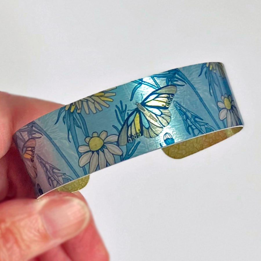 Butterfly cuff bracelet, blue metal jewellery bangle with wildflowers. (196)