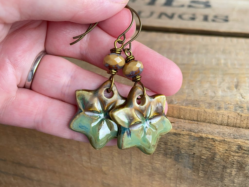 Rustic Green & Brown Earrings. One of a Kind Artisan Ceramic Earrings