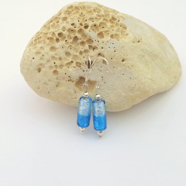 Sterling silver with peacock & pale blue folied glass bead drop earrings