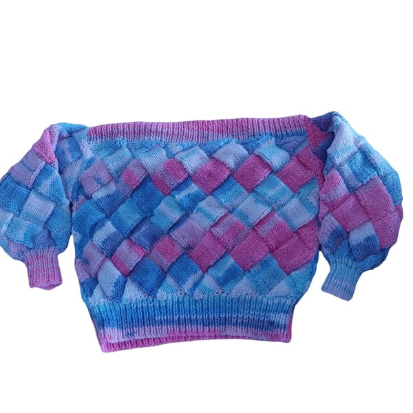 Hand knitted jumper in sparkly pink and blue entrelac 2 - 3 years 