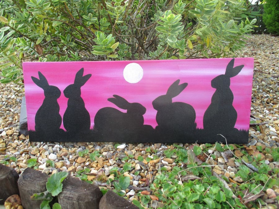 SALE Bunny Rabbit Silhouette Painting Original Art Picture Canvas Black Pink
