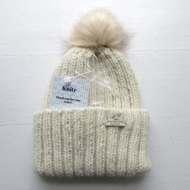 Aran rib beanie, cream, alpaca and wool, M size