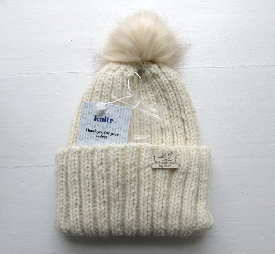 Aran rib beanie, cream, alpaca and wool, M size