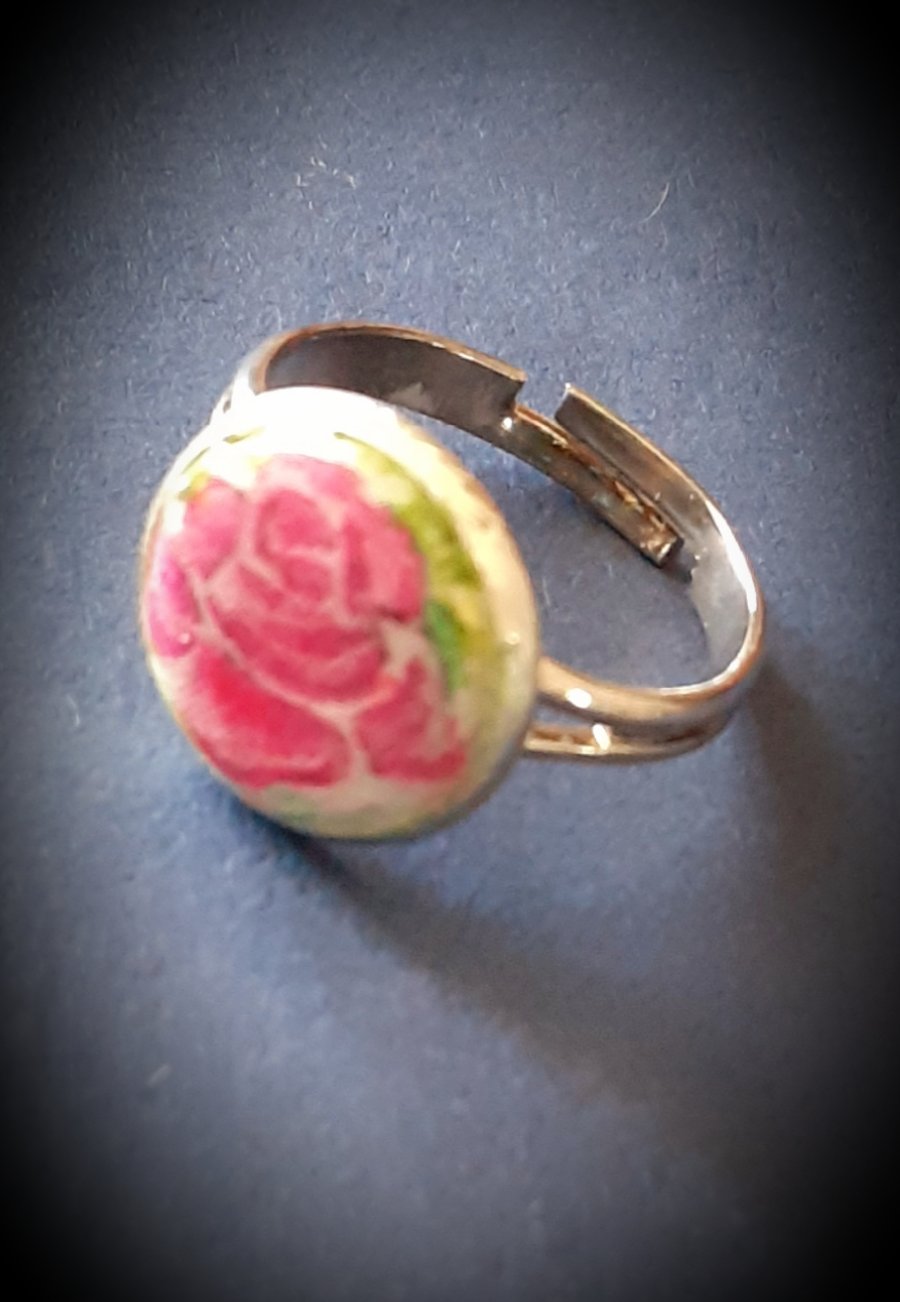 Decoupaged Vintage Rose adjustable ring 
