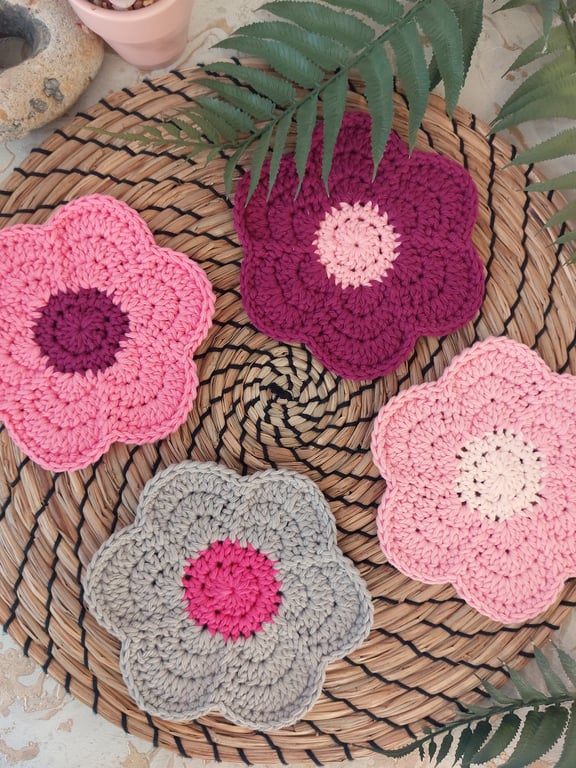  Crochet Funky Flower Coasters Set of 4