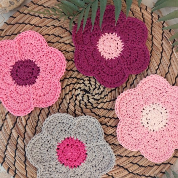  Crochet Funky Flower Coasters Set of 4