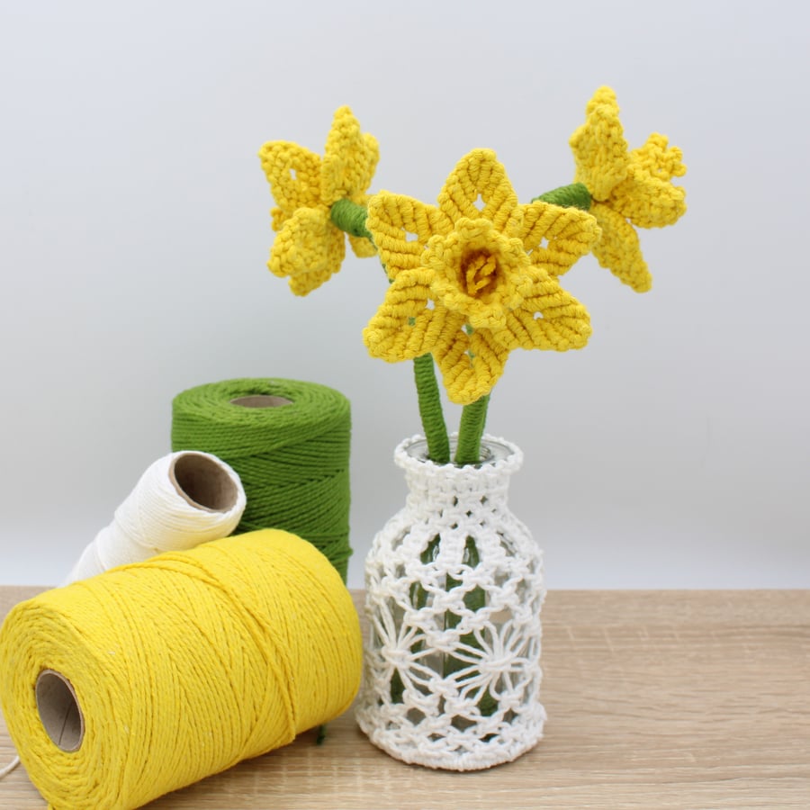 Macrame vase of flowers ,  macrame daffodils, textile flower arrangement