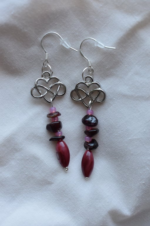 Sterling Silver Celtic Heart, Red & Pink Drop Earrings
