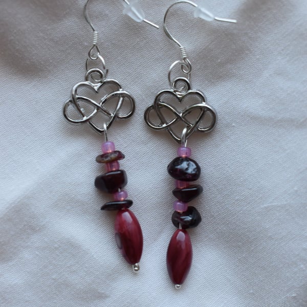 Sterling Silver Celtic Heart, Red & Pink Drop Earrings