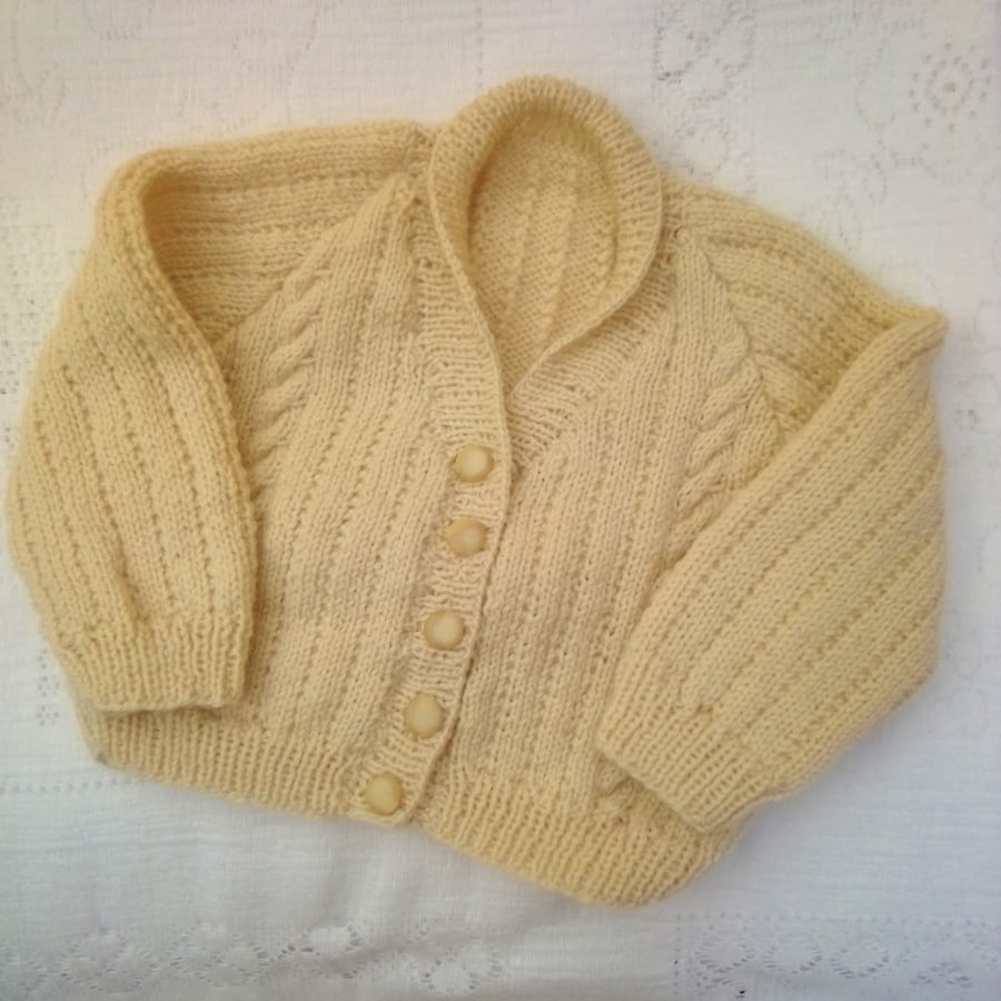 Hand Knitted Cabled Cardigan with a Shawl Collar for a Baby, Baby Shower Gift