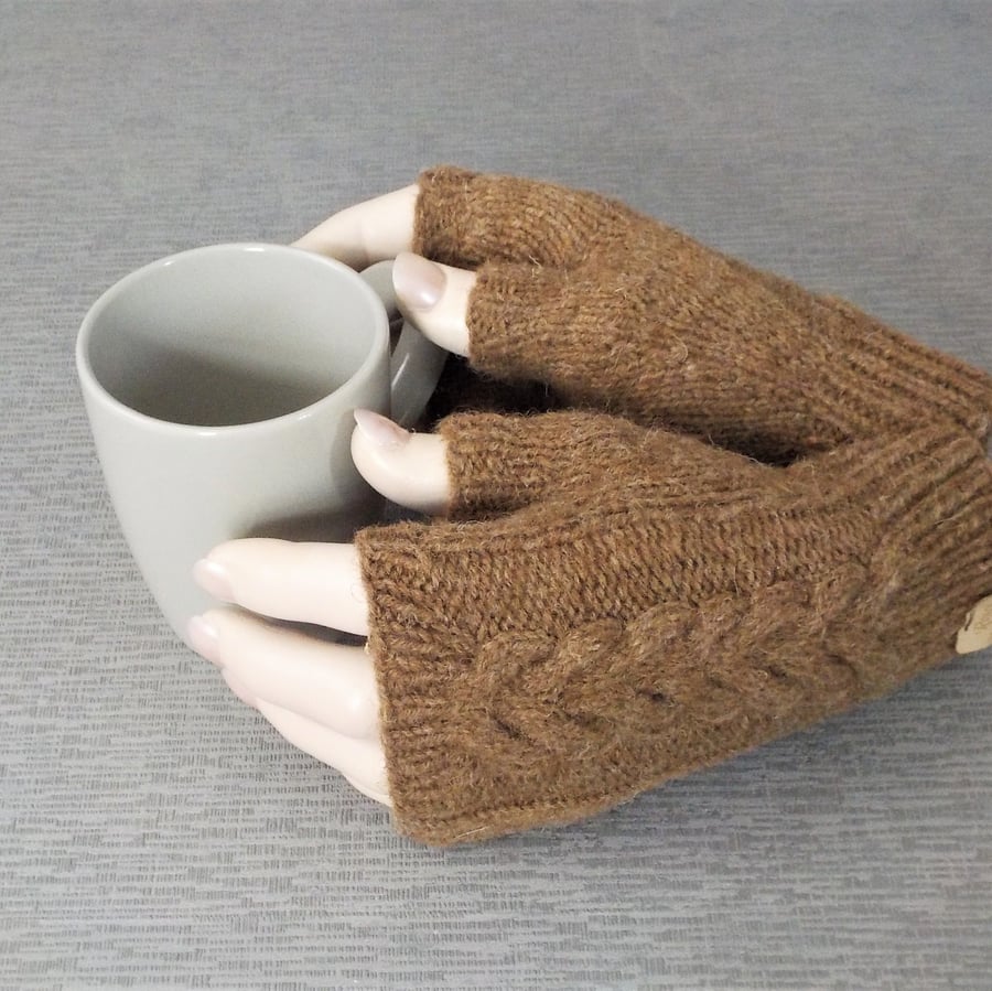Fingerless gloves British wool Castlemilk Moorit natural brown cable design