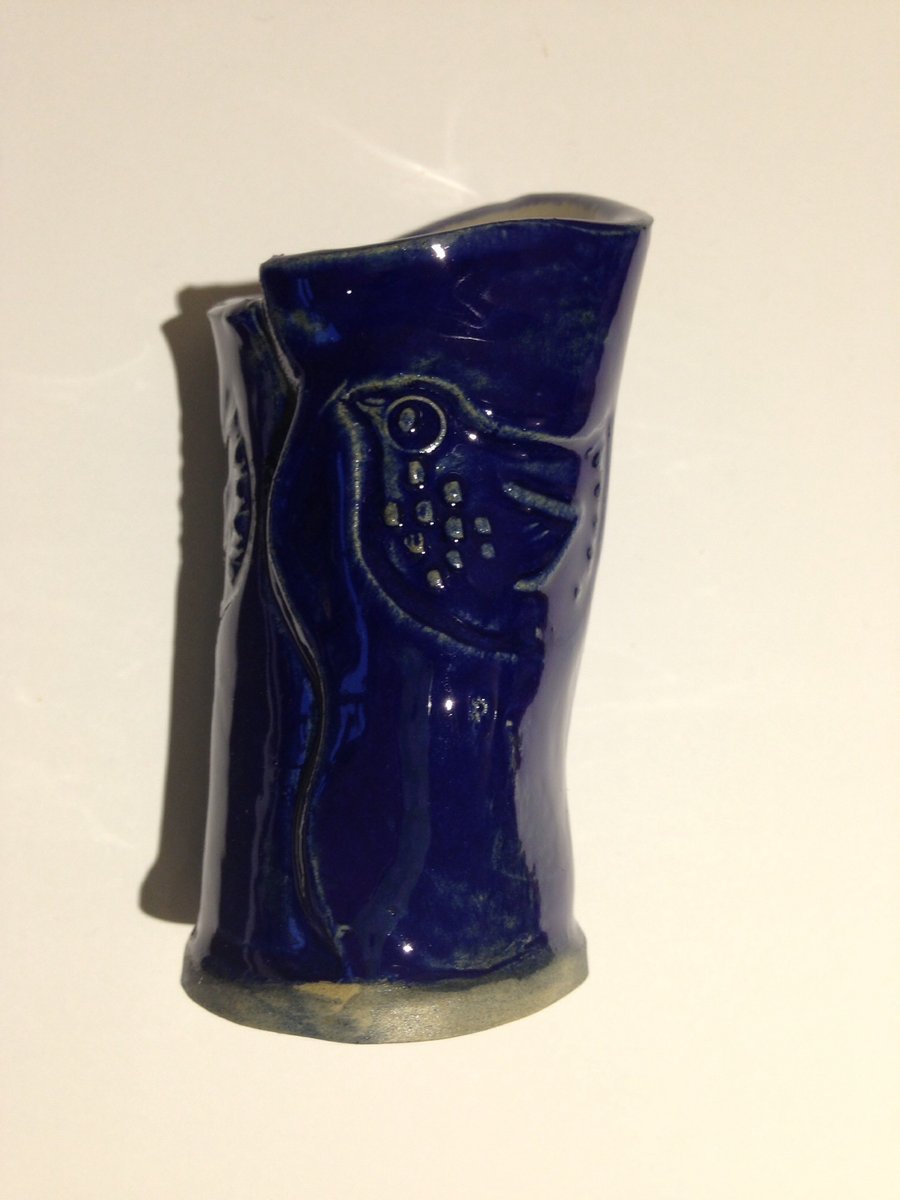 Caramic pottery stoneware stamped blue bud vase or pen pot