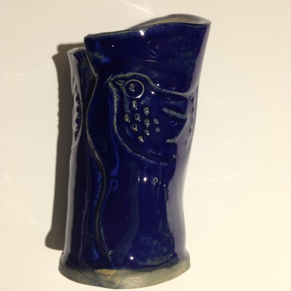 Caramic pottery stoneware stamped blue bud vase or pen pot