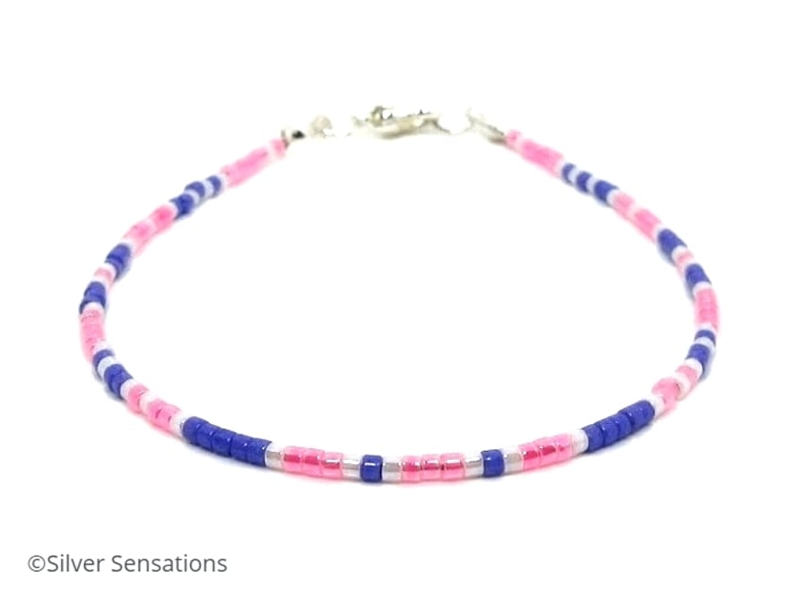 Pink, Purple & White Seed Beads Dainty Fashion Bracelet - 6.5" - 8.5"