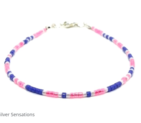 Pink, Purple & White Seed Bead Fashion Bracelet - Dainty Bracelet - 6.5" - 8.5"