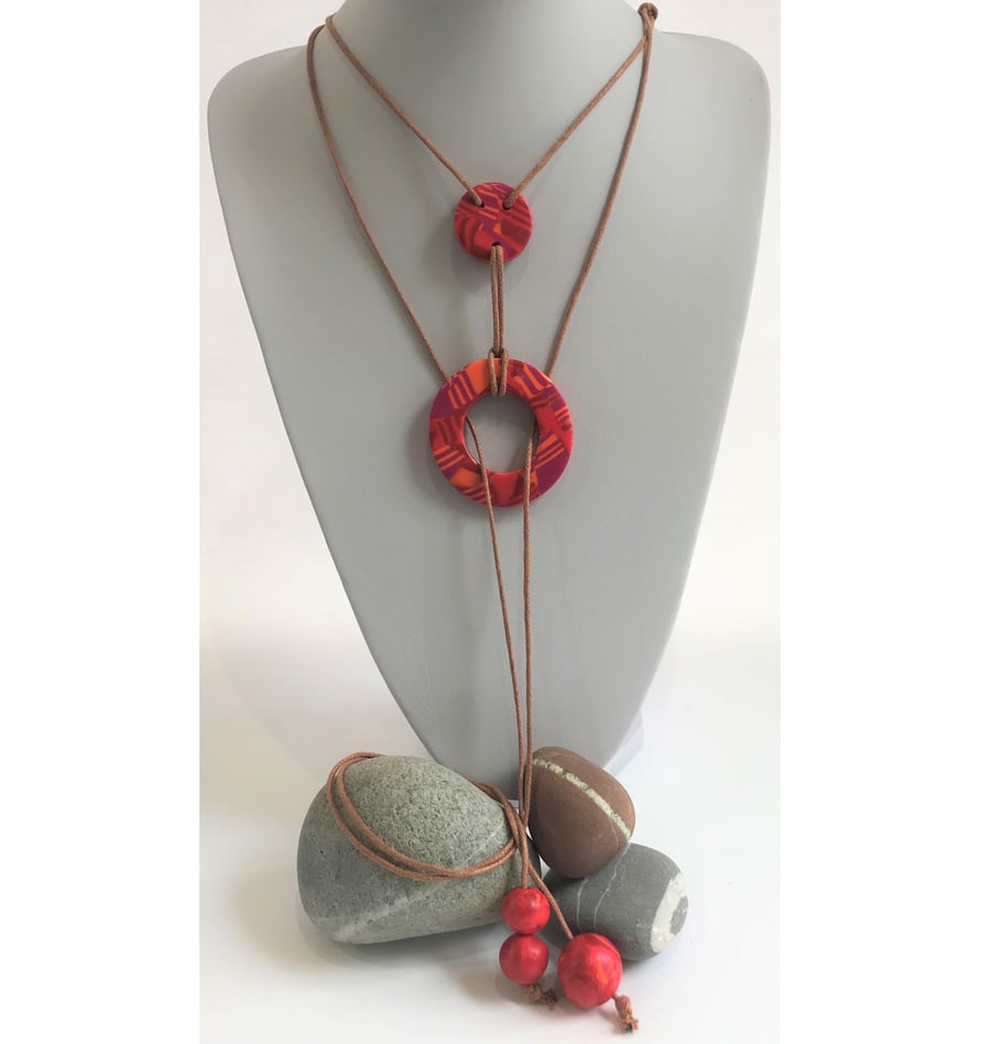 Glitter Red, Hot Pink & Tangerine,Handmade Polymer Clay & Cotton Lariat Necklace