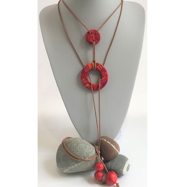 Glitter Red, Hot Pink & Tangerine,Handmade Polymer Clay & Cotton Lariat Necklace