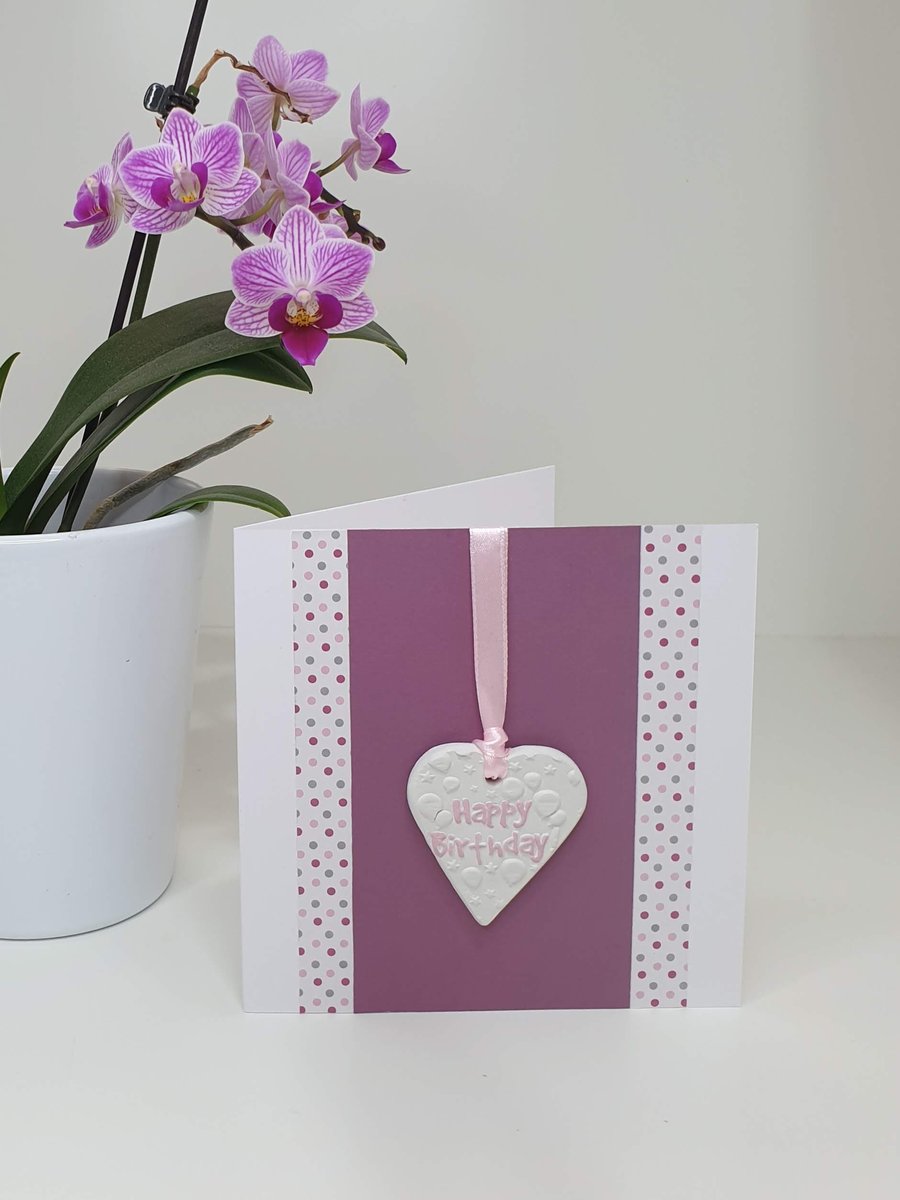 Keepsake handmade card with detachable clay heart, happy birthday greetings card