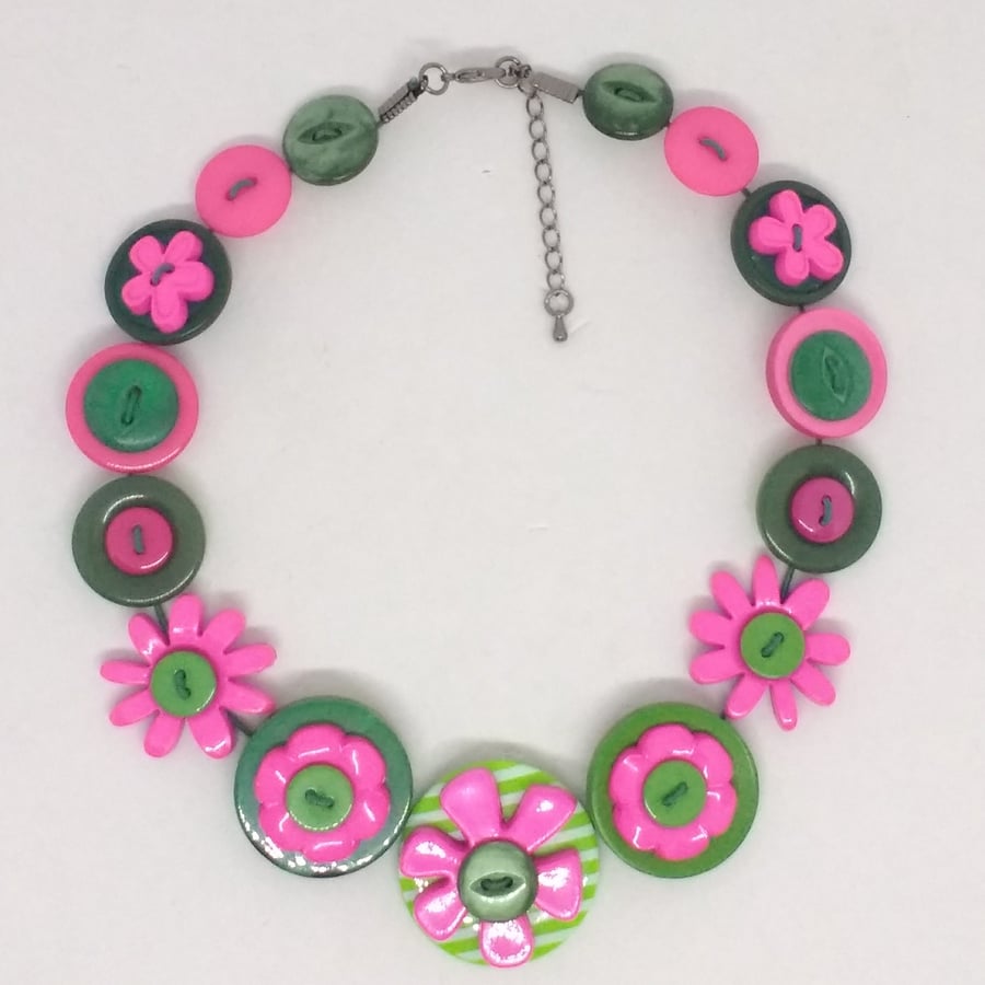 Green and Pink Button Necklace