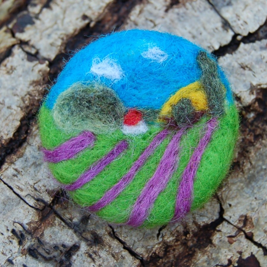 Brooch or badge, lavender fields, needle felt, wool art