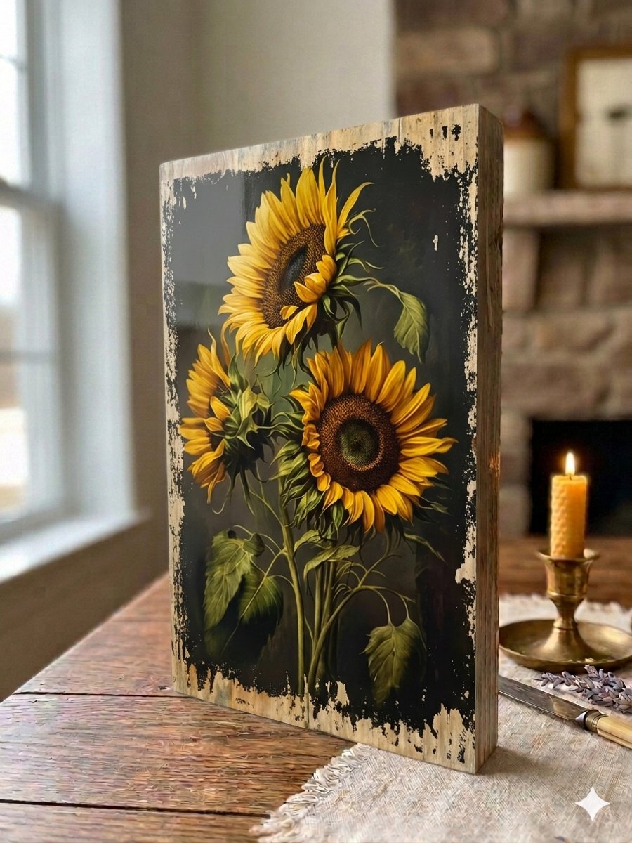 Sunflower Sign, Rustic Sunflower Wall Art, Reclaimed Wood Block Painting