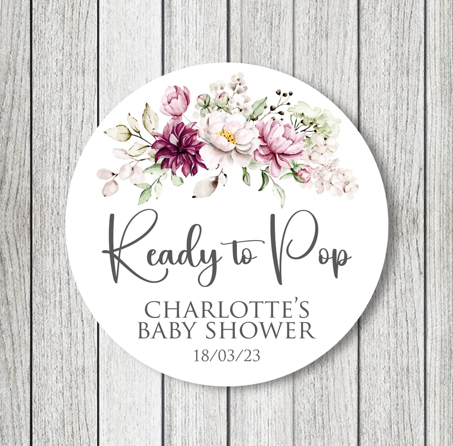 Ready To Pop, Pink Floral Baby Shower Stickers x 15