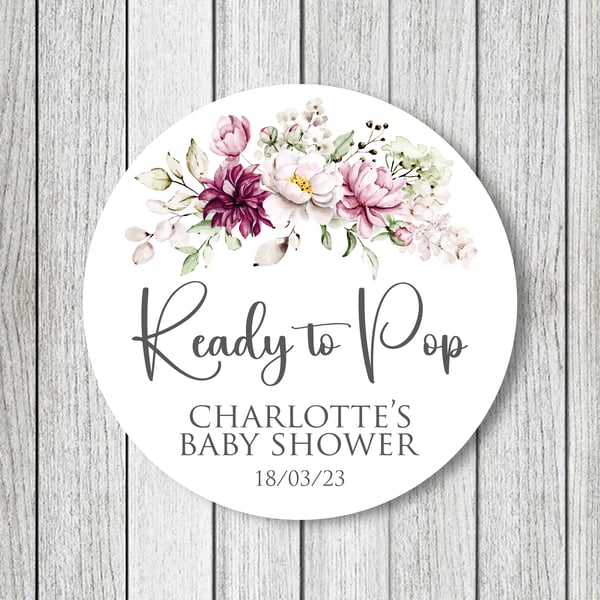 Ready To Pop, Pink Floral Baby Shower Stickers x 15