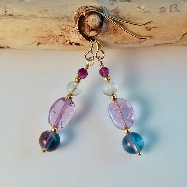 Lilac Amethyst And Fluorite Earrings - Handmade In Devon