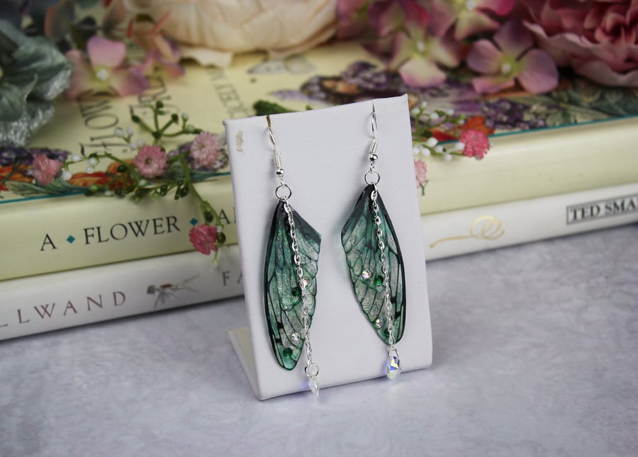 Bright Emerald Green Sparkle Fairy Wing Butterfly Cicada Earrings Festival Boho