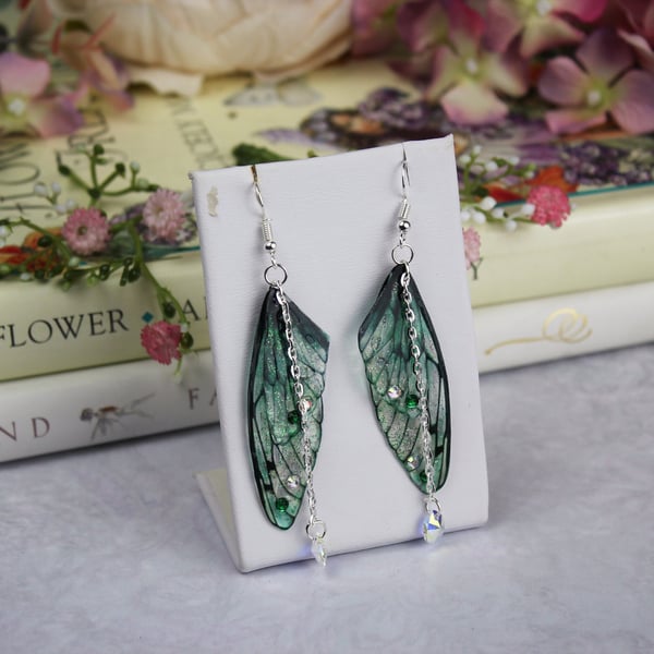 Bright Emerald Green Sparkle Fairy Wing Butterfly Cicada Earrings Festival Boho