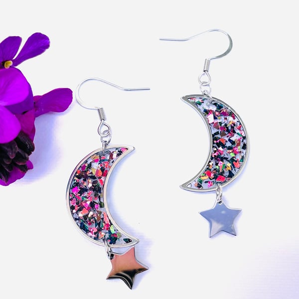 Moon drop earrings, iridescent earrings, moon phase jewellery