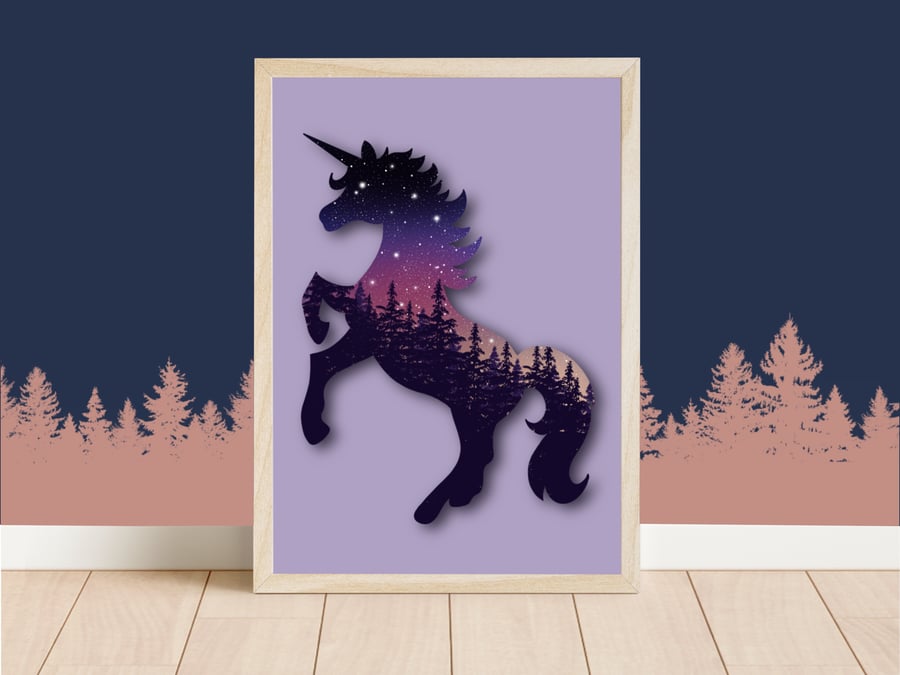 Fairytale Pink and Purple Unicorn Print, Mystical Creatures Artwork, Fantasy Art