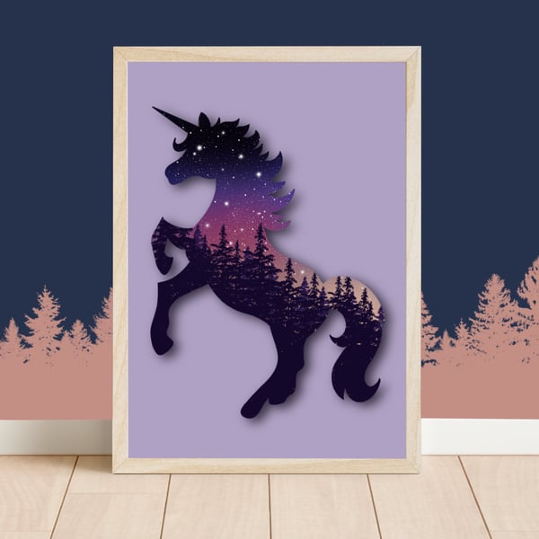 Fairytale Pink and Purple Unicorn Print, Mystical Creatures Artwork, Fantasy Art