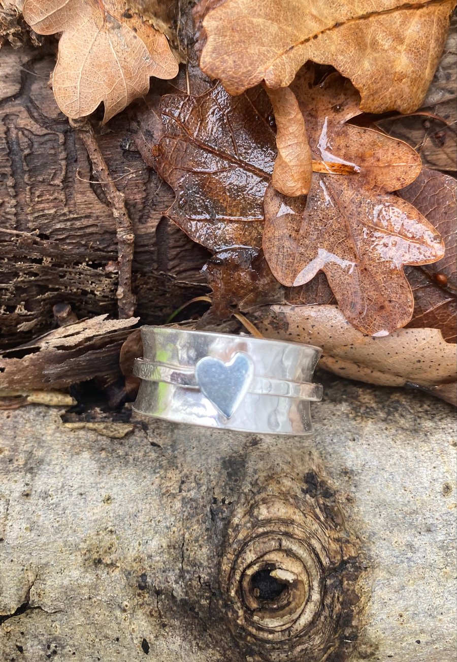 Anticlastic hammered ring with spinning heart ring - handmade - heavy - chunky