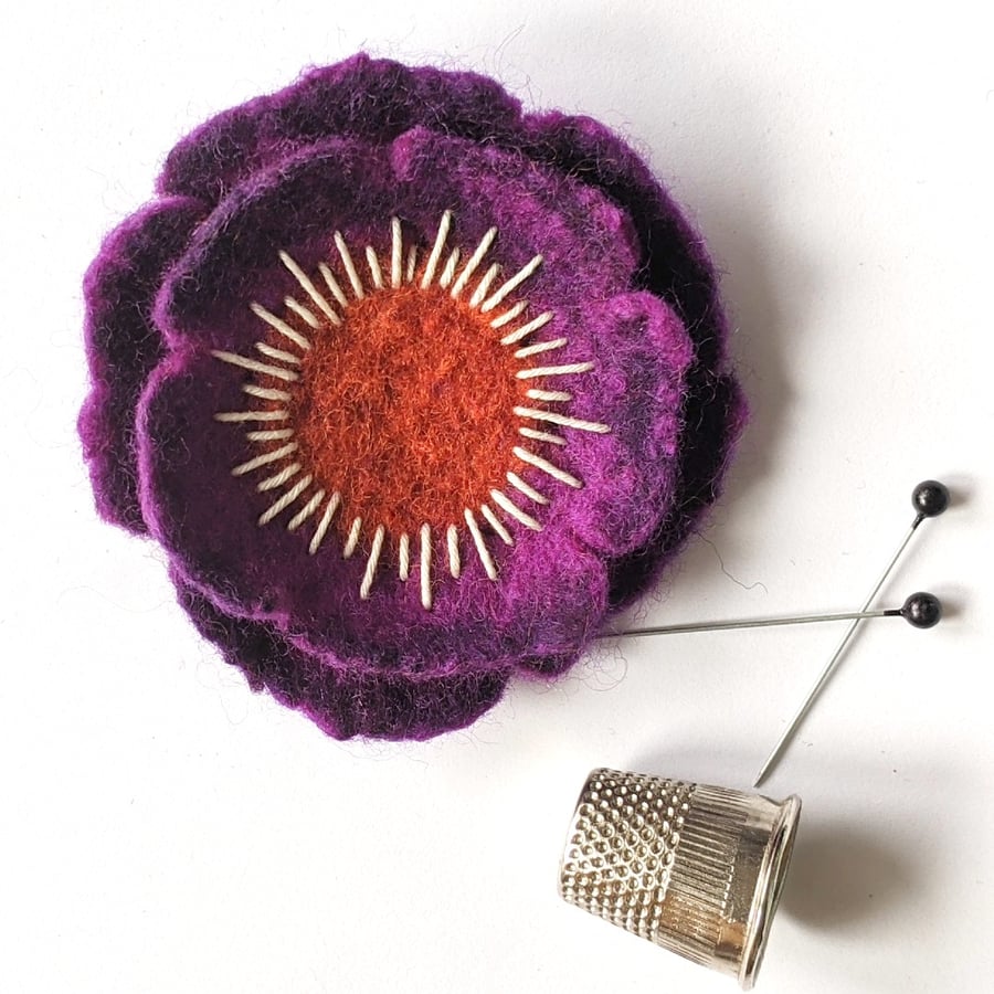 Felted flower brooch - deep violet anemone