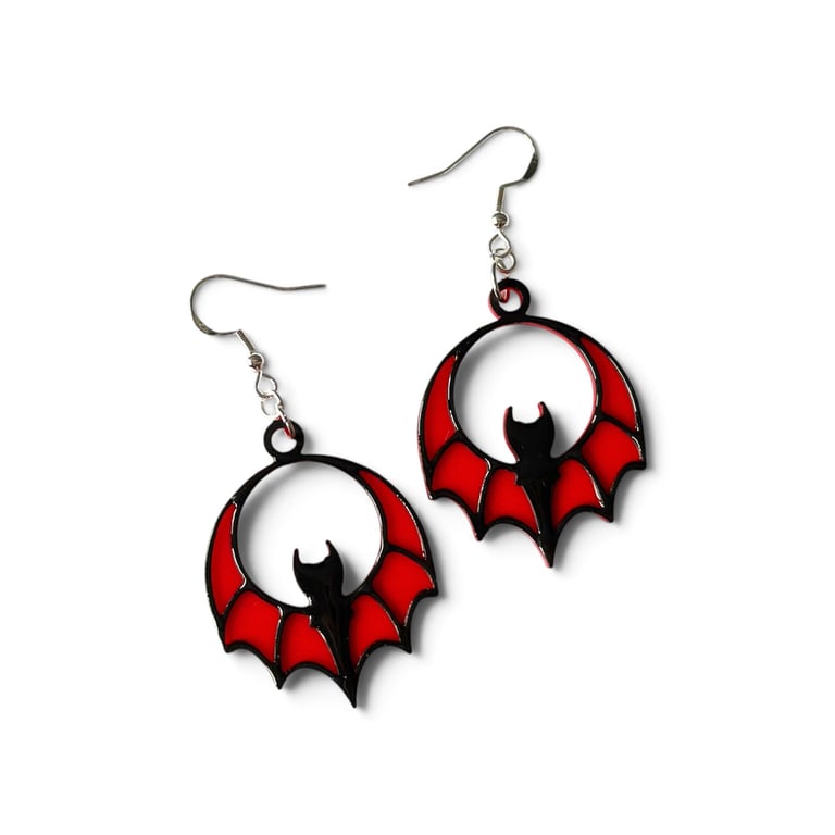 Red and Black Bat Earrings – 3D-Printed Gothic Vampire Silver Earrings