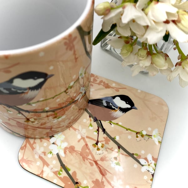 Coaltit on Plum Blossom Ceramic Mug - matching Coaster option