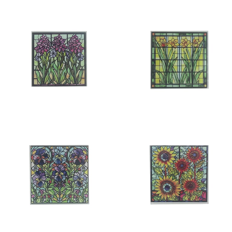 Stained Glass Style Garden Flower Glass Coaster Set