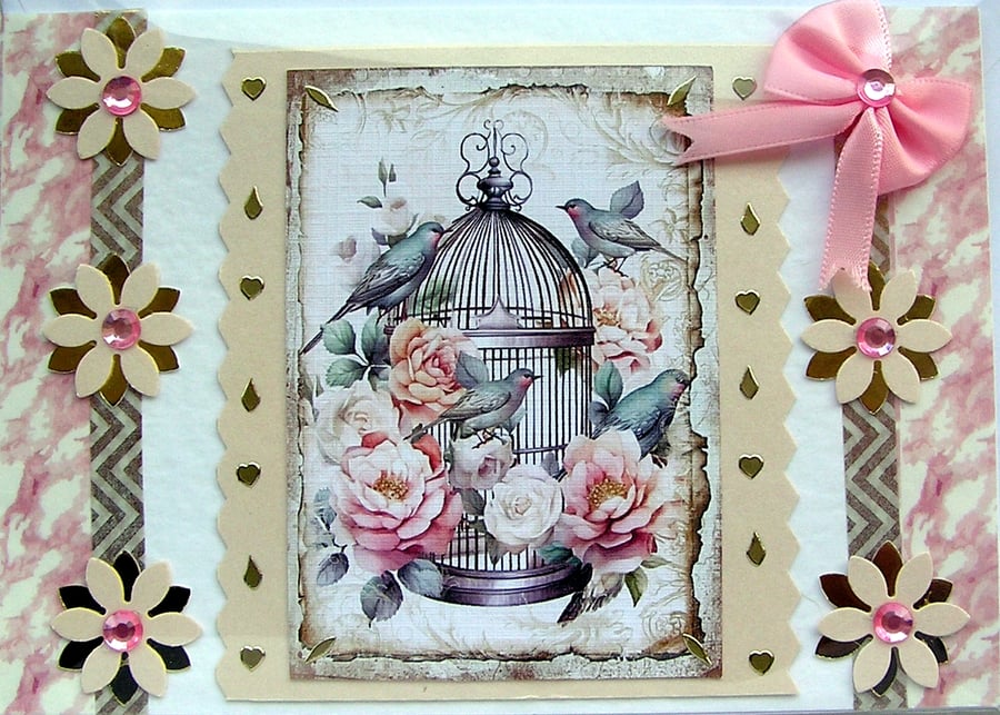 Pink Flower Birdcage Hand Crafted Decoupage Card - Blank (2568)