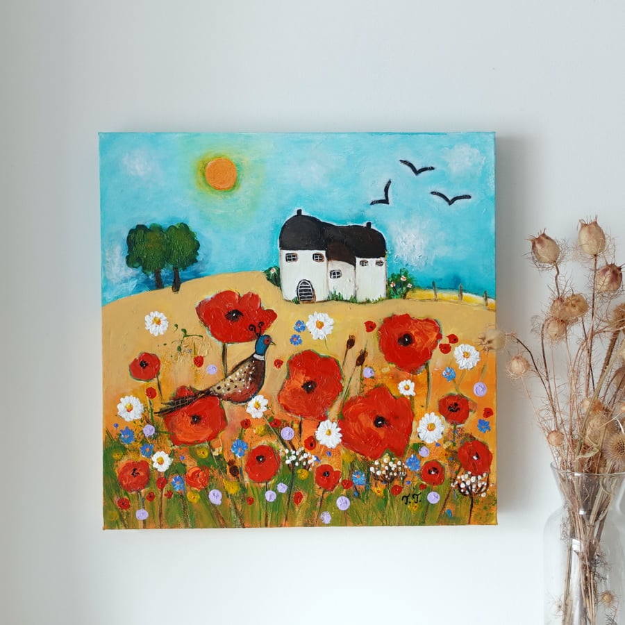 Poppy Countryside Painting, Whimsical Landscape, Cottage Decor Art, Meadow 