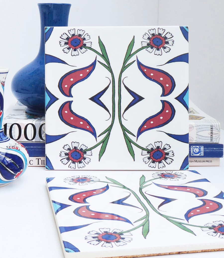 Ottoman Inspired Floral Geometric Design Ceramic Tile Trivet with Cork Backing