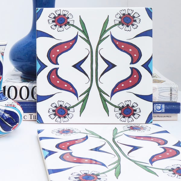 Ottoman Inspired Floral Geometric Design Ceramic Tile Trivet with Cork Backing