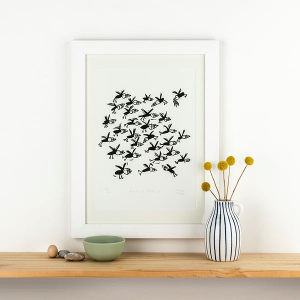 Flock of Puffins - lino cut print