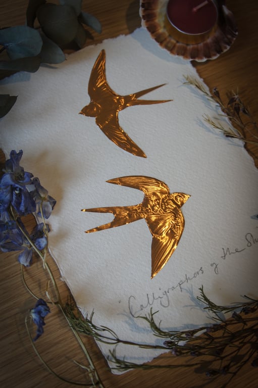 Calligraphers Of The Sky, Embossed Copper Foil Swallows