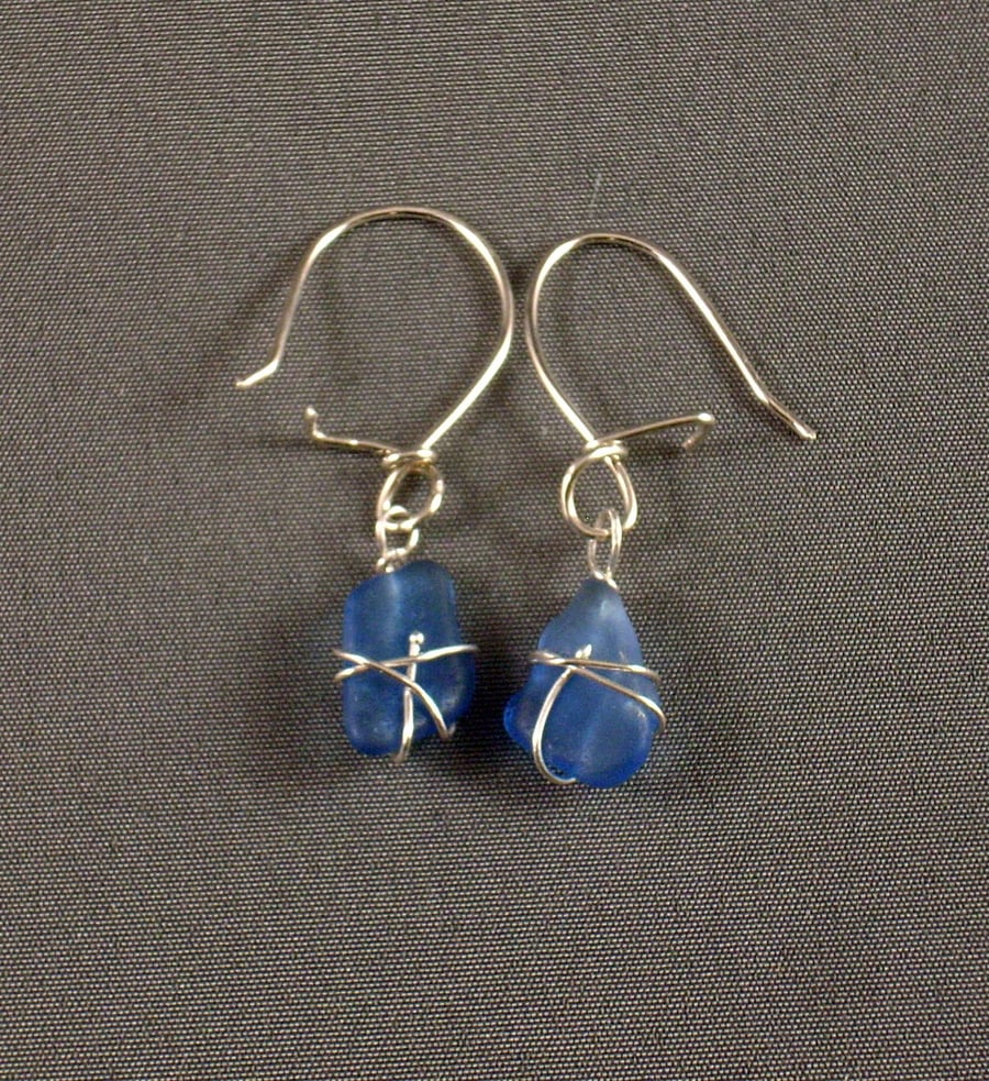  Blue Sea Glass and Silver Earrings,