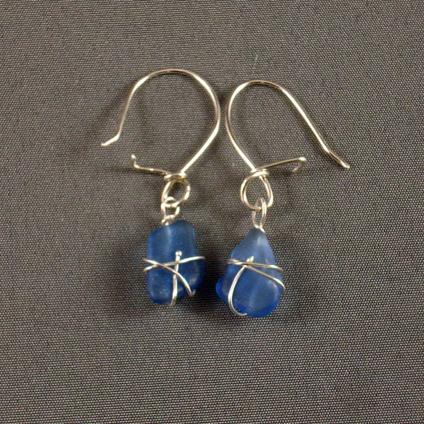  Blue Sea Glass and Silver Earrings,