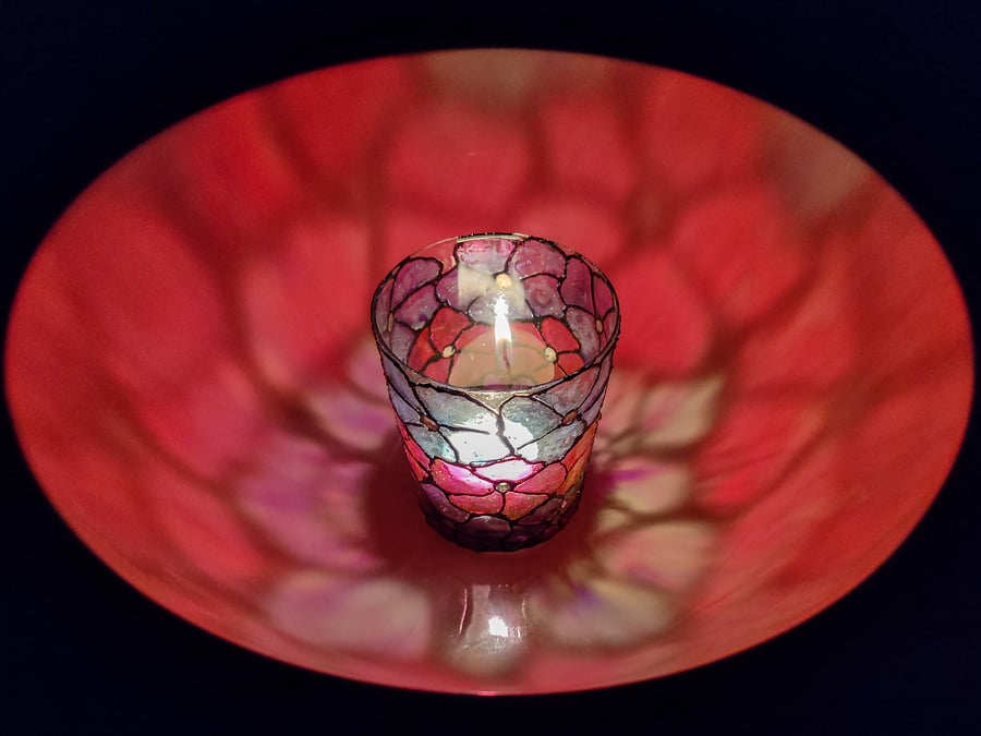 Handmade stained glass effect candleholder pained in gradiant flowers