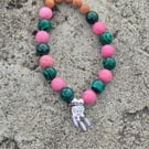 Malachite & Rhodonite and Wooden Bead Bracelet, with Silver Dream Catcher