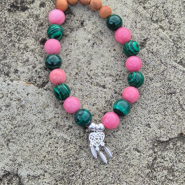Malachite & Rhodonite and Wooden Bead Bracelet, with Silver Dream Catcher